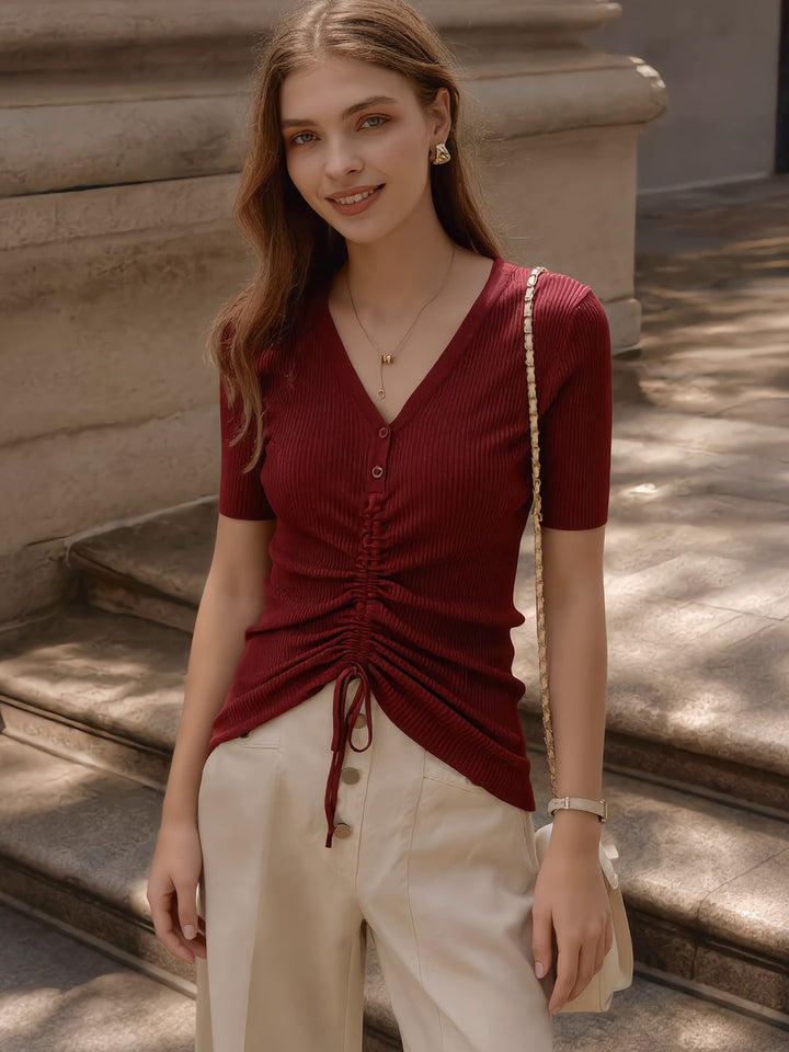Madison Slim V-Neck Drawstring Knitted Top