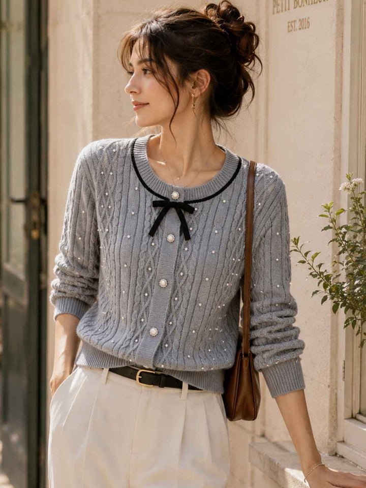 Heavy-duty Rhinestone Bow Cardigan