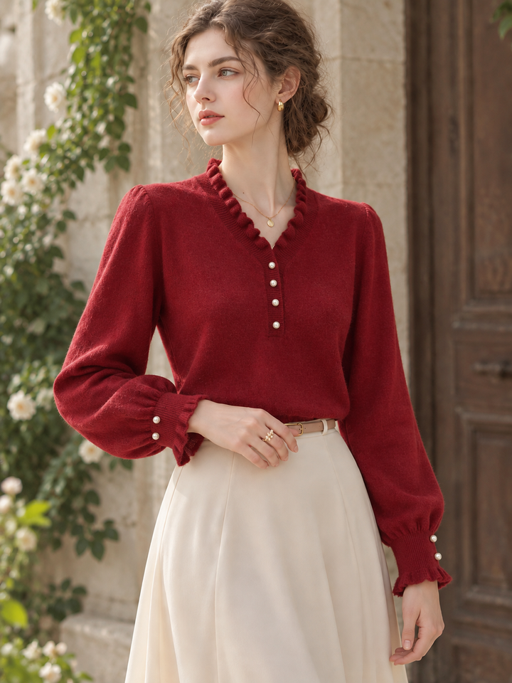 V-neck Beaded Knit Base Layer Top