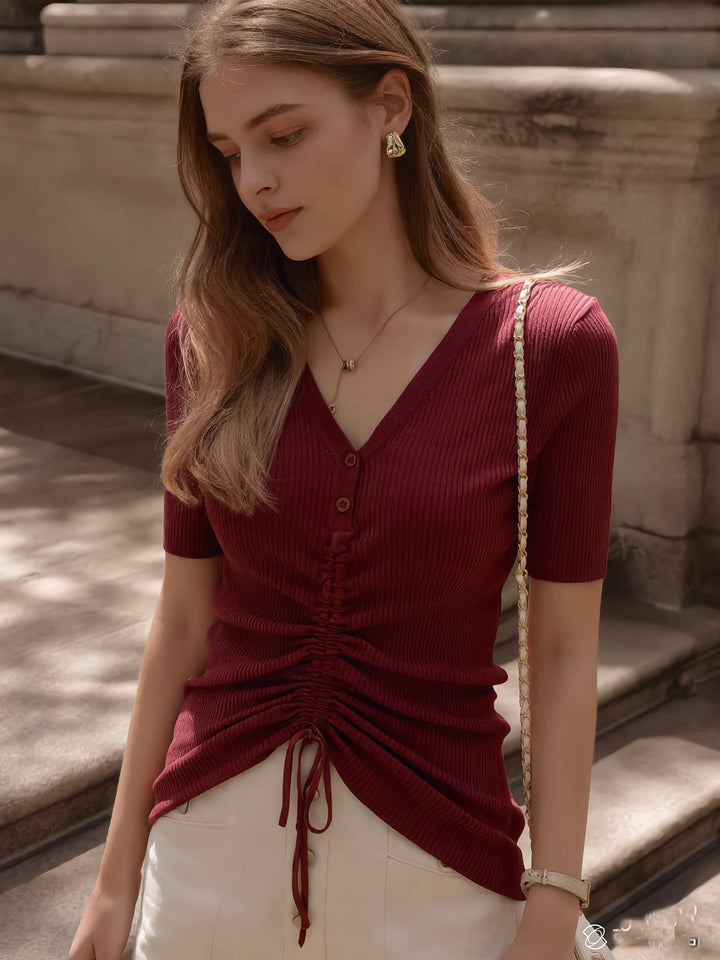 Madison Slim V-Neck Drawstring Knitted Top