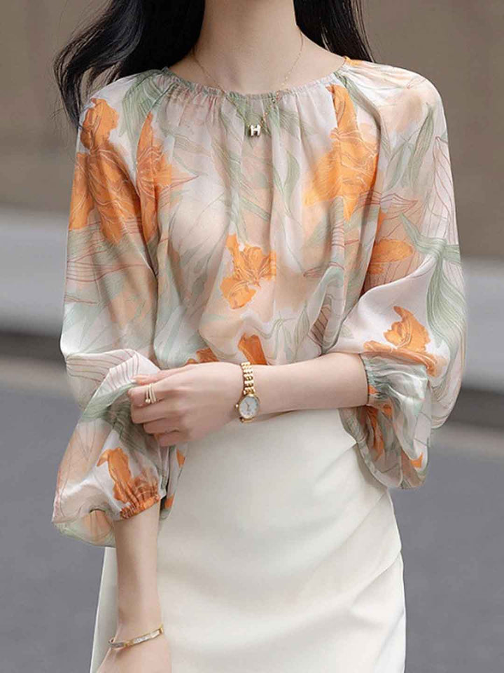 Caroline Elegant Crew Neck Printed Chiffon Shirt