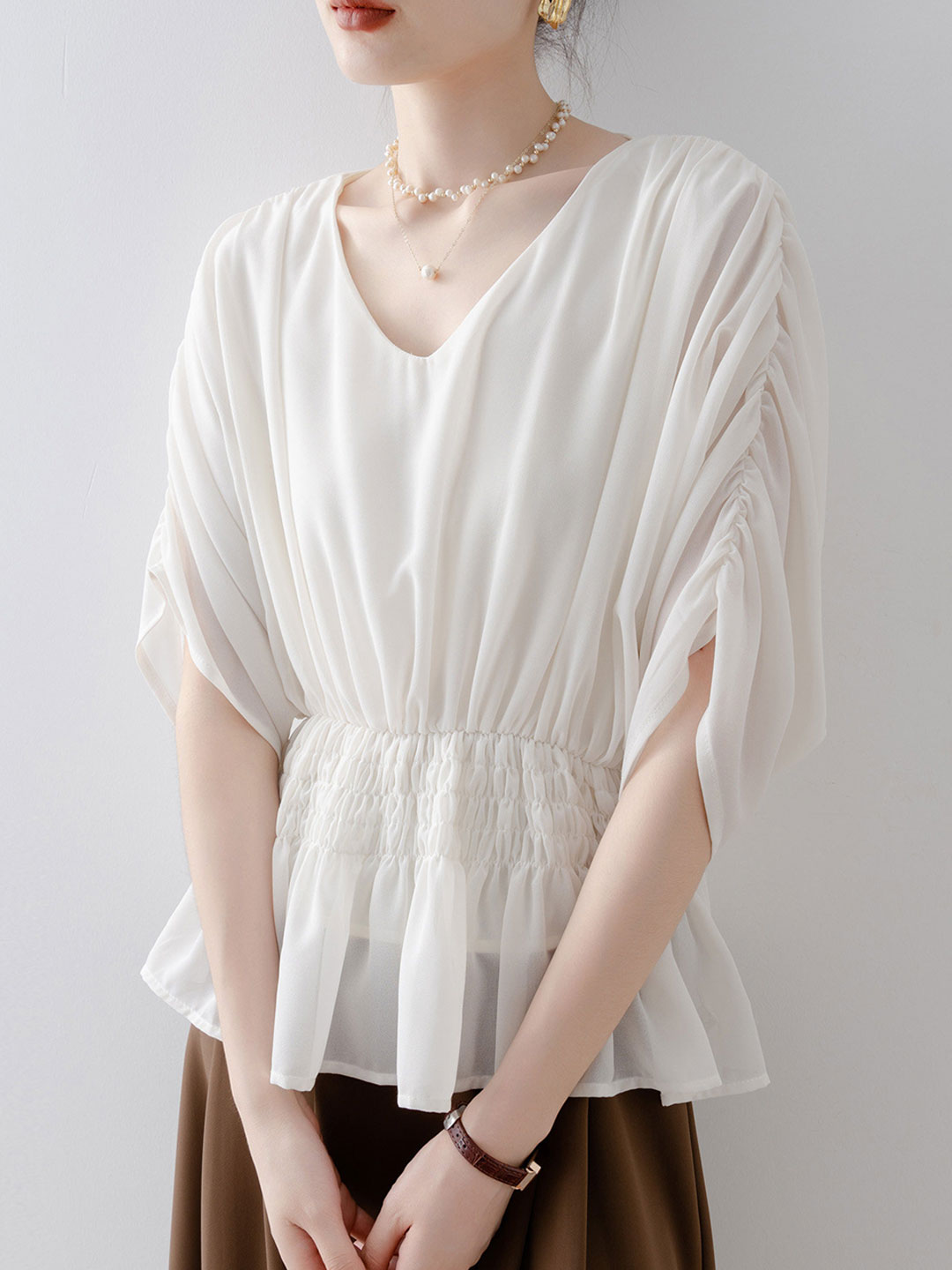 Hailey Loose V-neck Waisted Batwing Sleeve Shirt