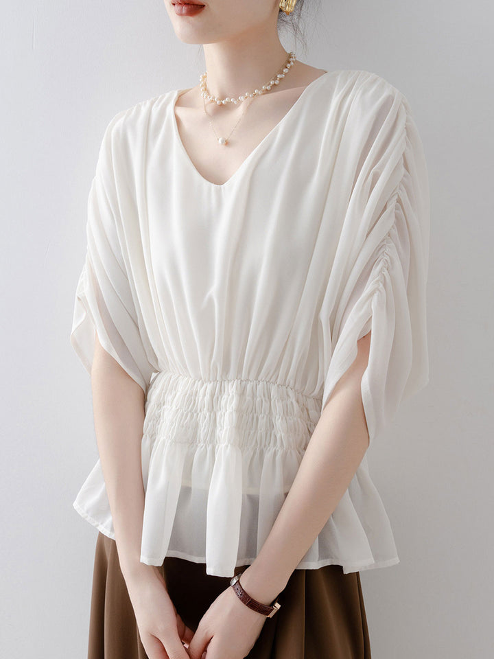 Hailey Loose V-neck Waisted Batwing Sleeve Shirt
