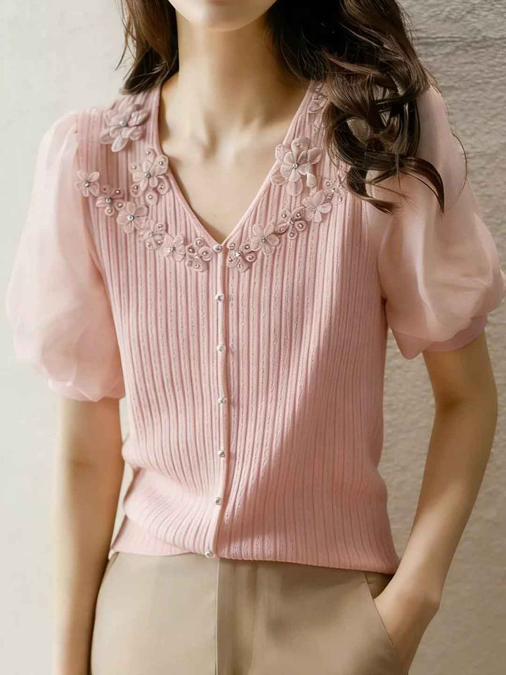 Gianna Elegant V-Neck Flower Chiffon Top