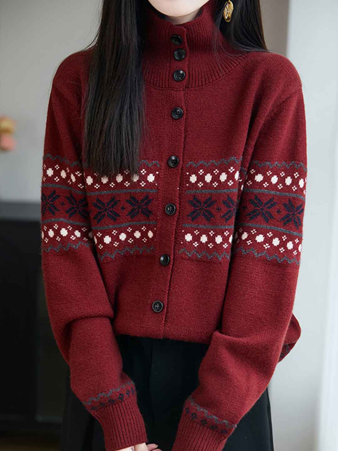 Natalie Retro Turtleneck Jacquard Knitted Cardigan