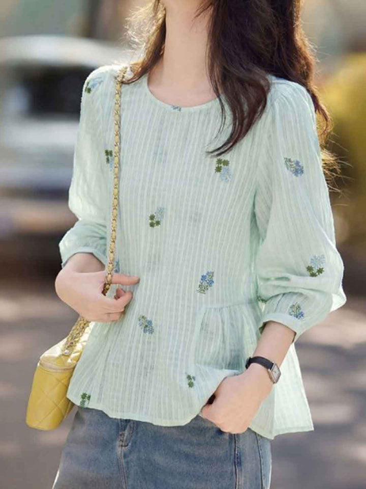 Emily Casual Crew Neck Embroidered Shirt