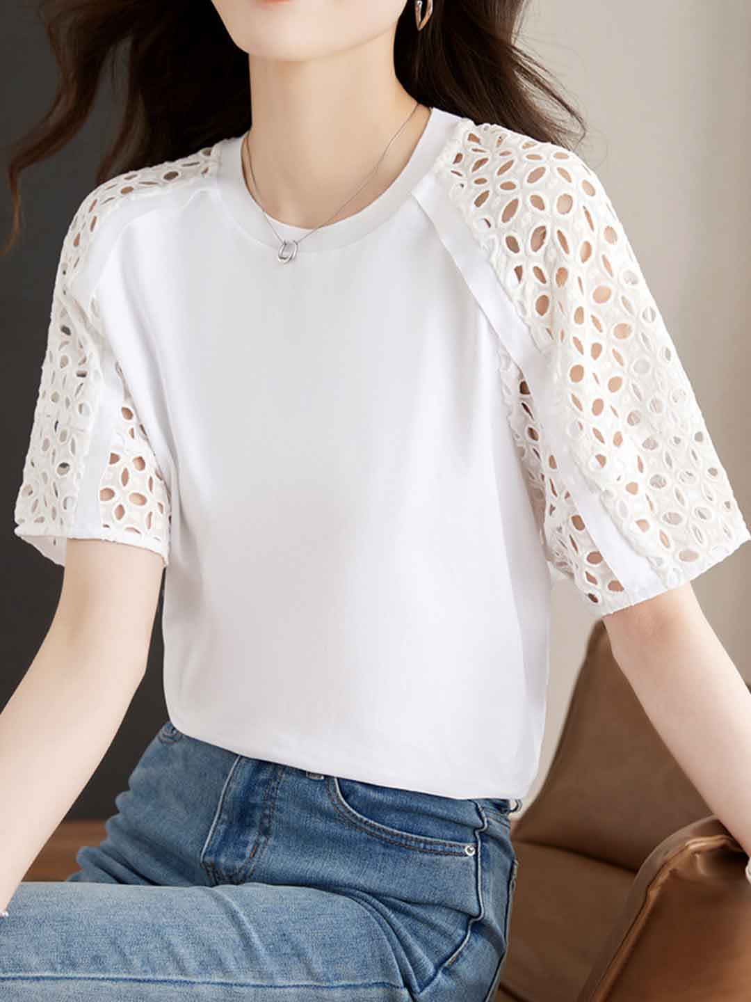 Eva Loose Crew Neck Hollowed Solid Color Top