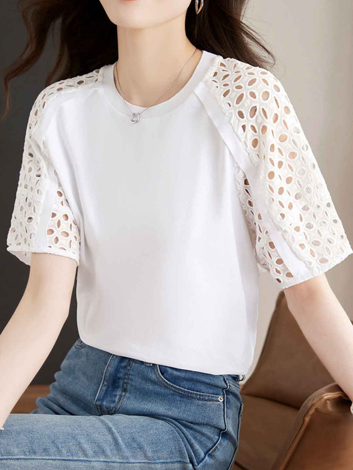 Eva Loose Crew Neck Hollowed Solid Color Top