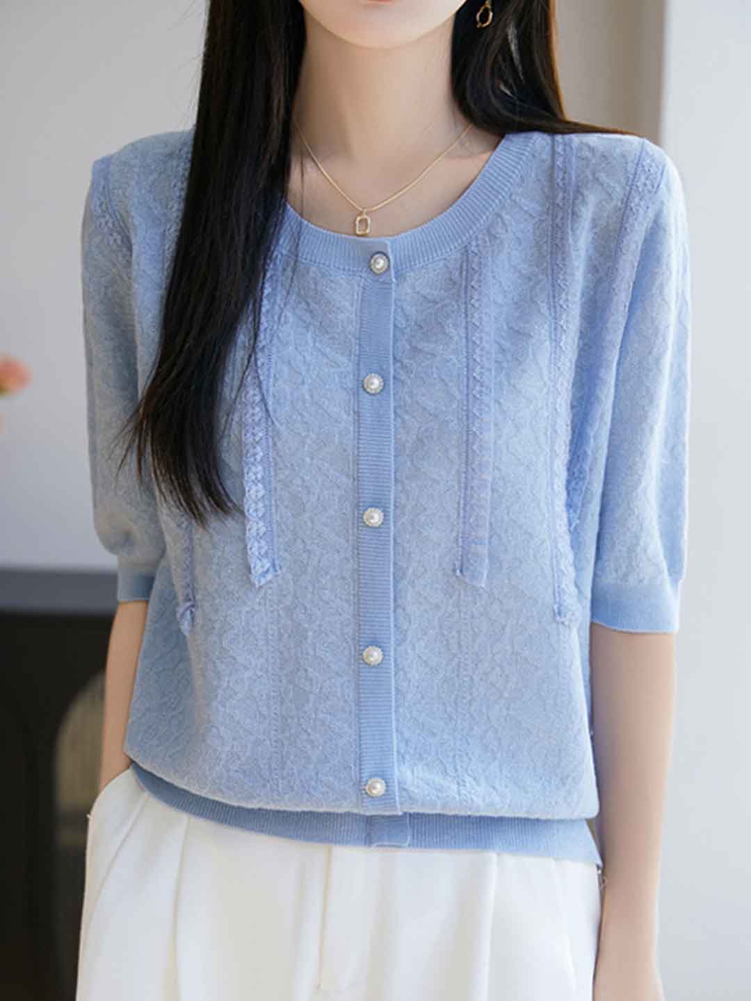 Paige Classic Crew Neck Solid Color Lace Knitted Top