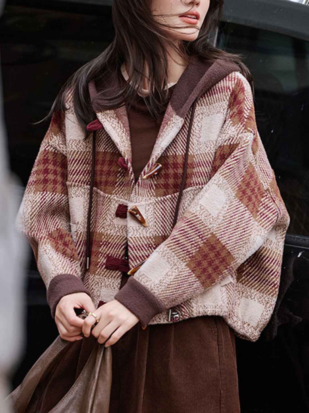 Brianna Casual Color-Blocked Plaid Hooded Top