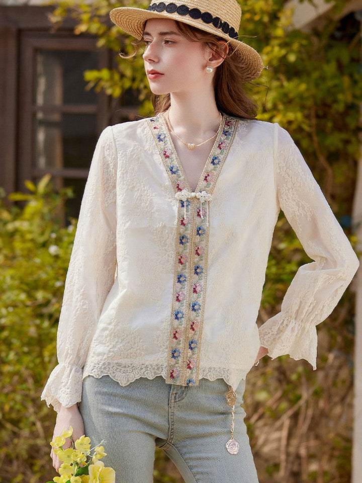 Sofia Retro V-Neck Color-Blocked Embroidered Shirt
