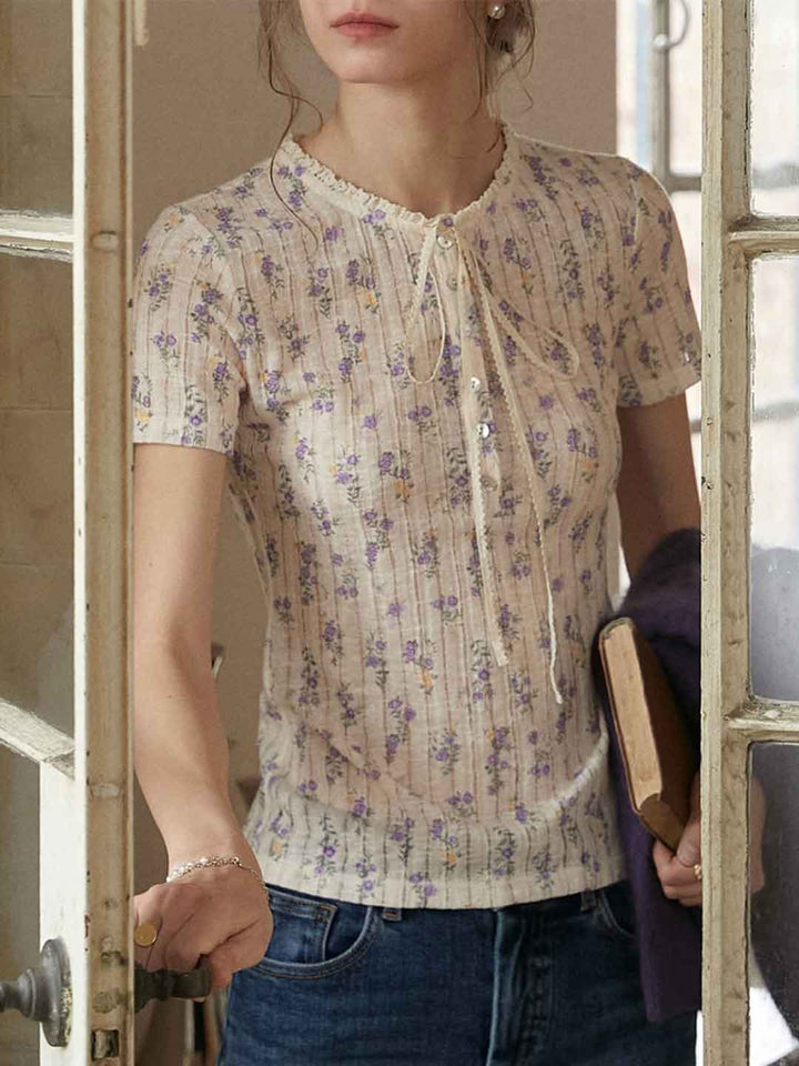 Lauren Retro Lace Collar Textured Floral Top