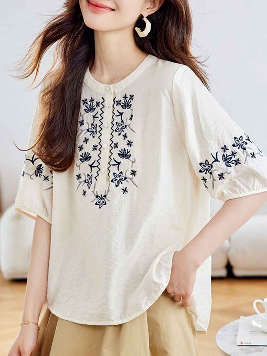 Abigail Daily Crew Neck Embroidered Top