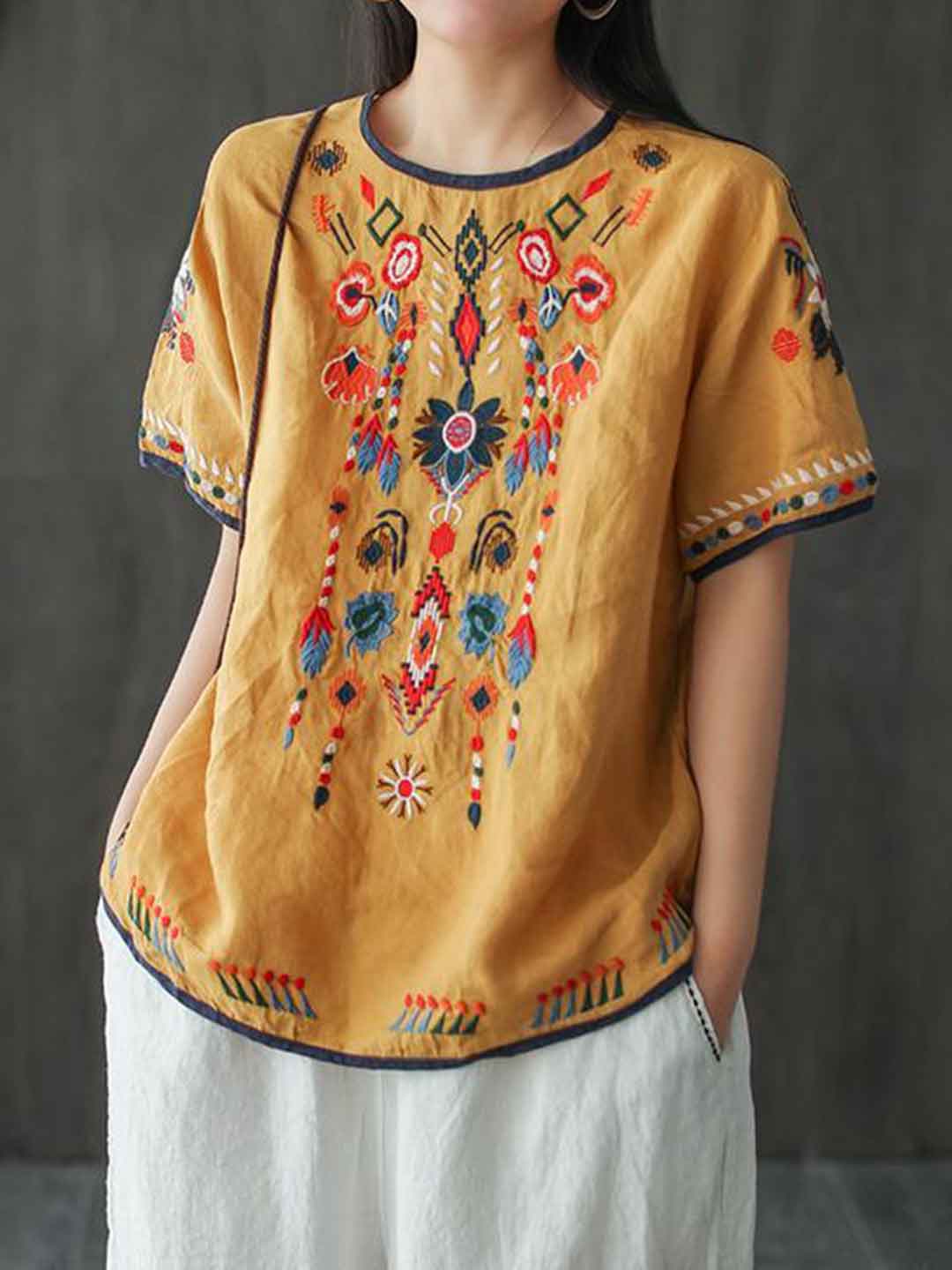 Mia Loose Crew Neck Embroidered Top