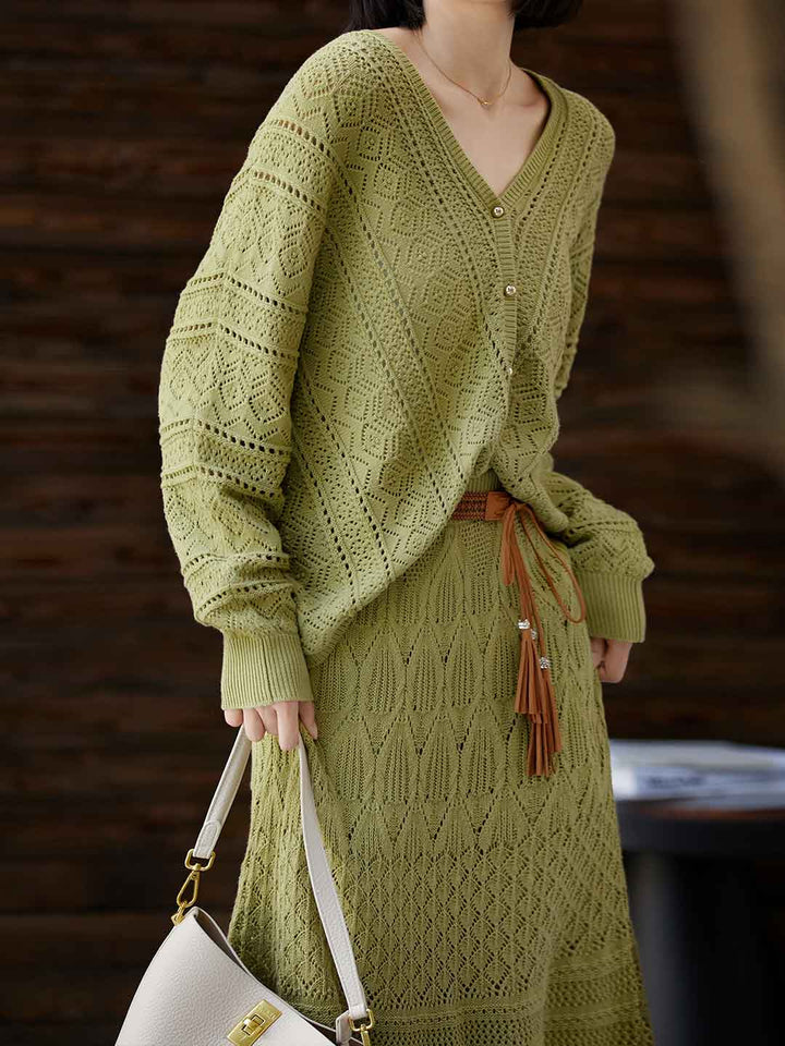 Ella Spring Hollowed Knitted Cardigan and Skirt Set
