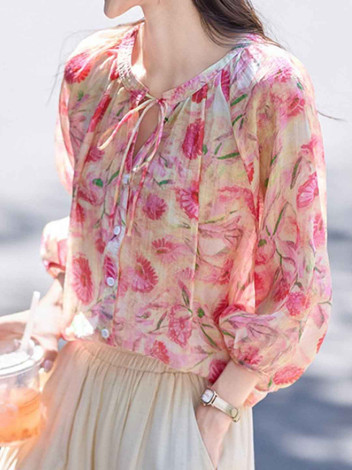 Brianna Loose Crew Neck Tie Printed Top