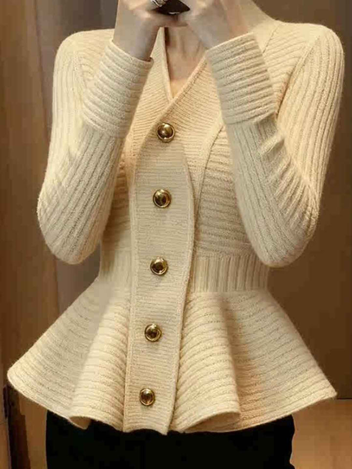 Ella Slim V-Neck Waisted Solid Color Knitted Sweater