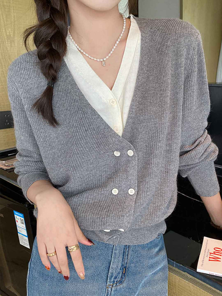 Trinity Casual V-Neck Mock Two-Piece Knitted Top