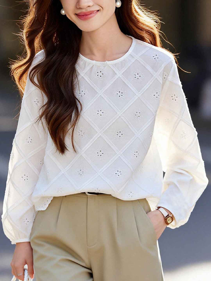 Madison Casual Crew Neck Embroidered Hollowed Blouse