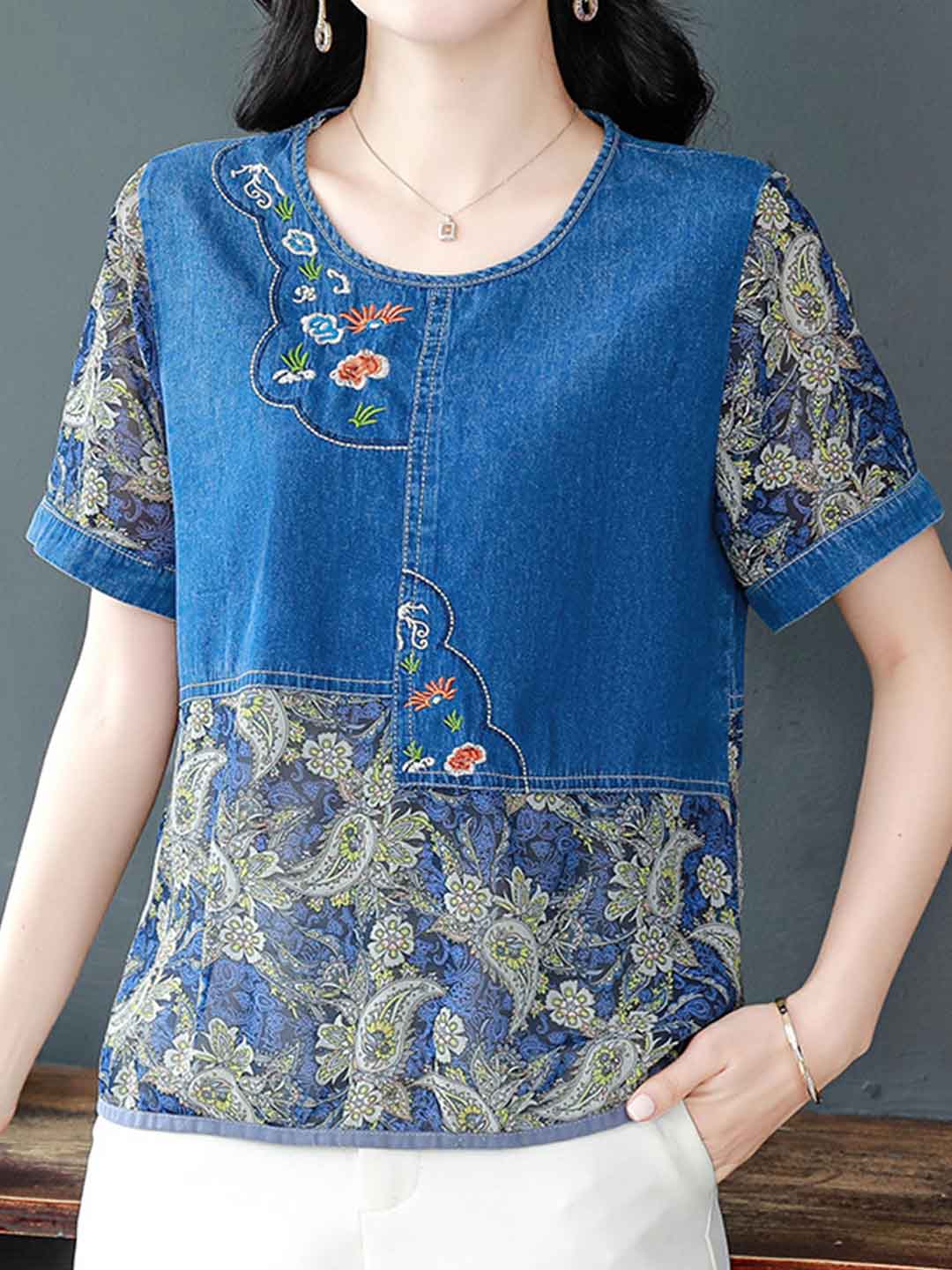 Mya Loose Crew Neck Embroidered Chiffon Top