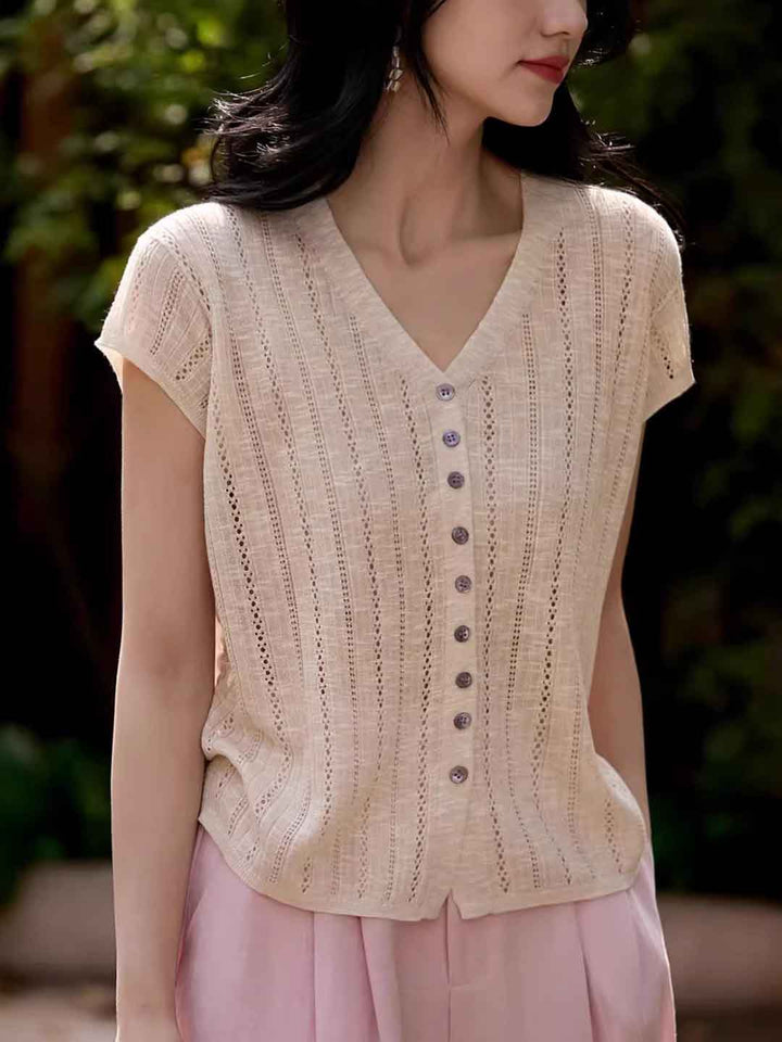 Rachel Classic V-Neck Solid Color Hollowed Knitted Top