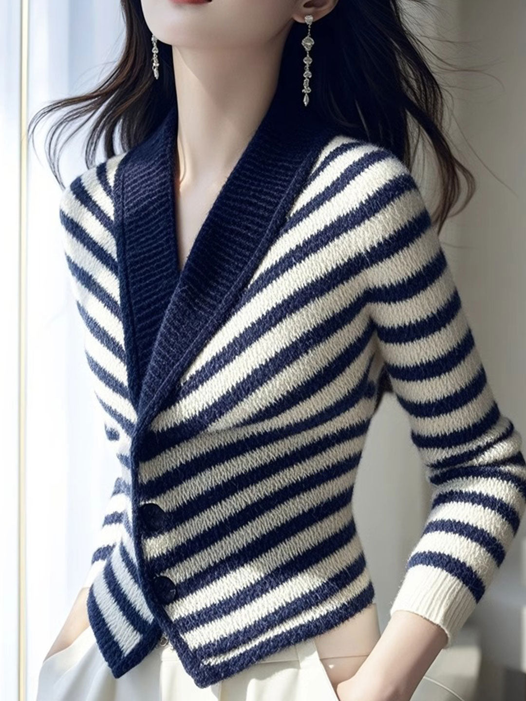 Sophia Slim V-Neck Striped Knitted Cardigan