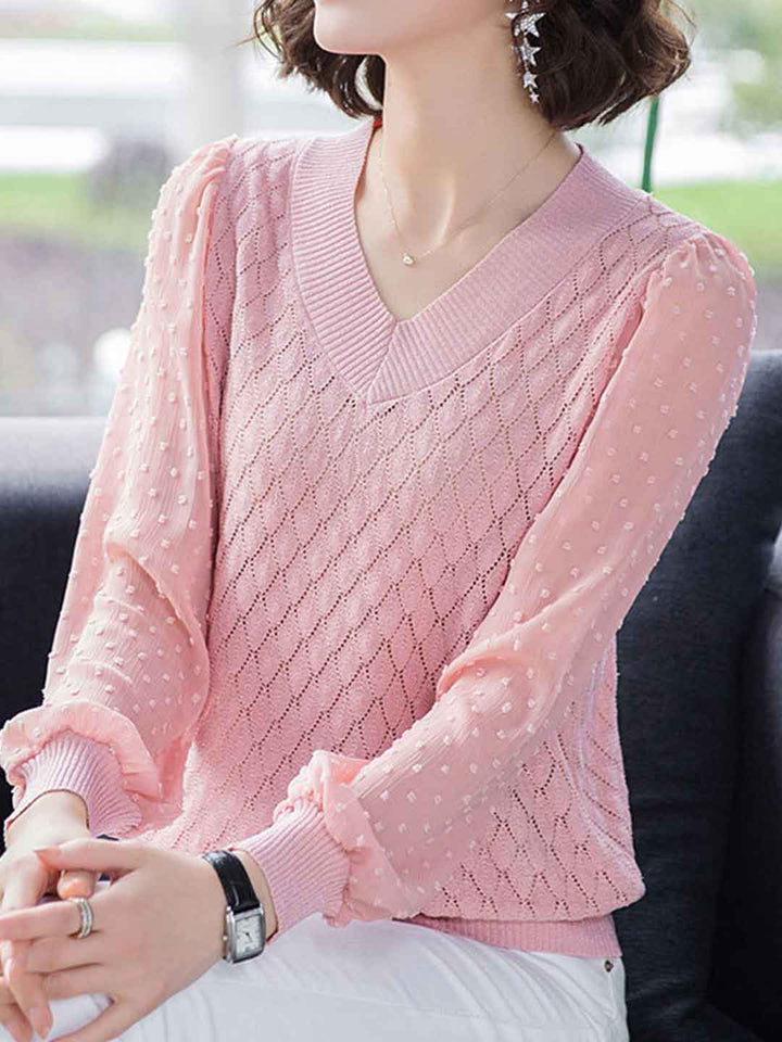 Taylor Classic V-Neck Sheer Sleeve Solid Color Top