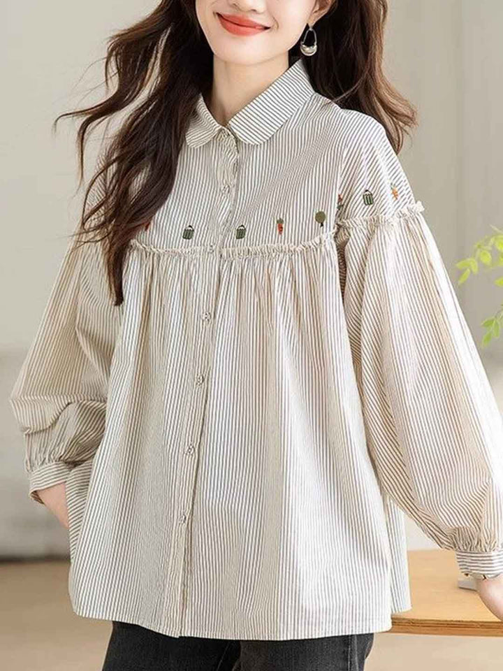 Rachel Cute Doll Collar Puff Sleeve Embroidered Top