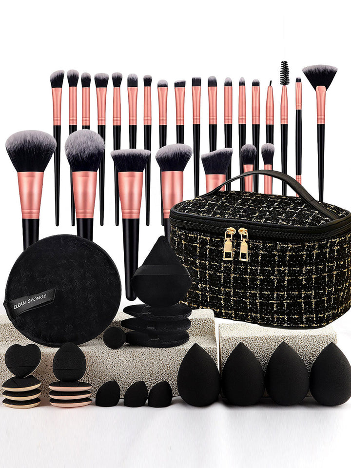 47Pcs Tweed Style Makeup Bag And Brushes Set Professional Tools