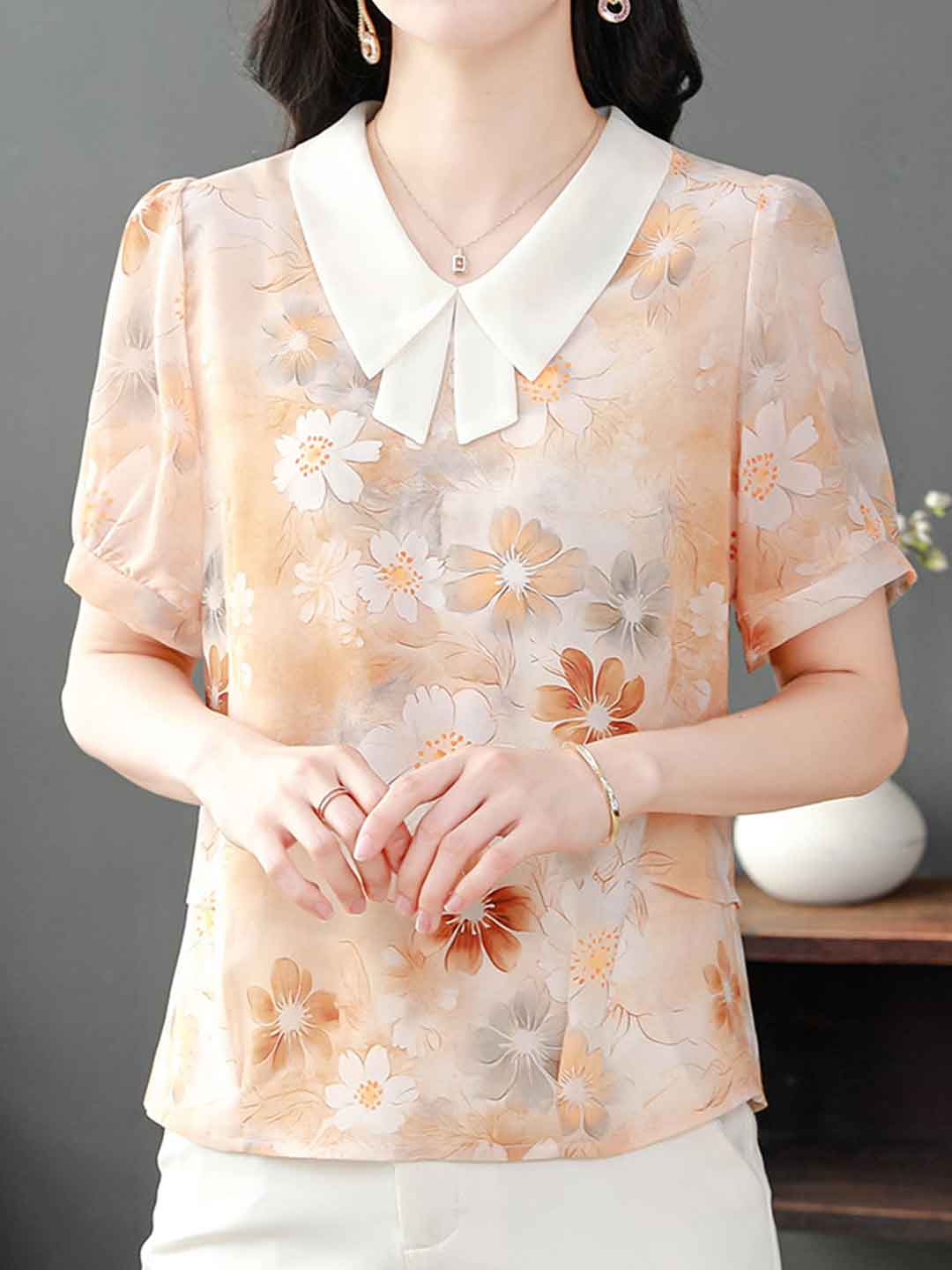 Grace Lapel Printed Floral Chiffon Top
