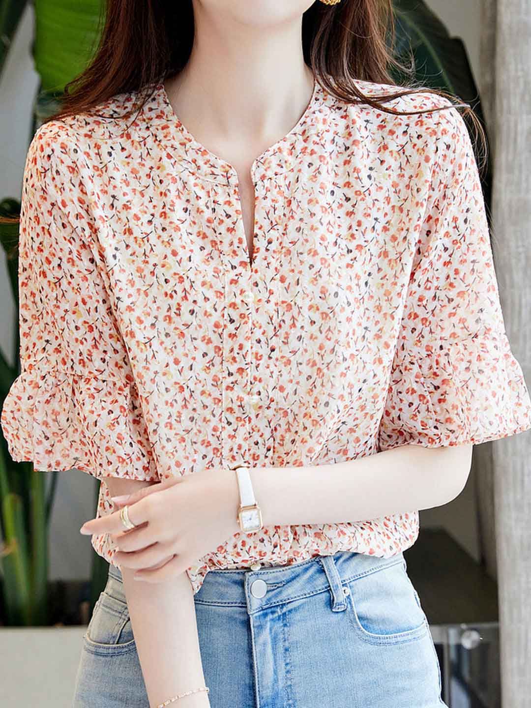 Victoria Casual Crew Neck Floral Chiffon Blouse