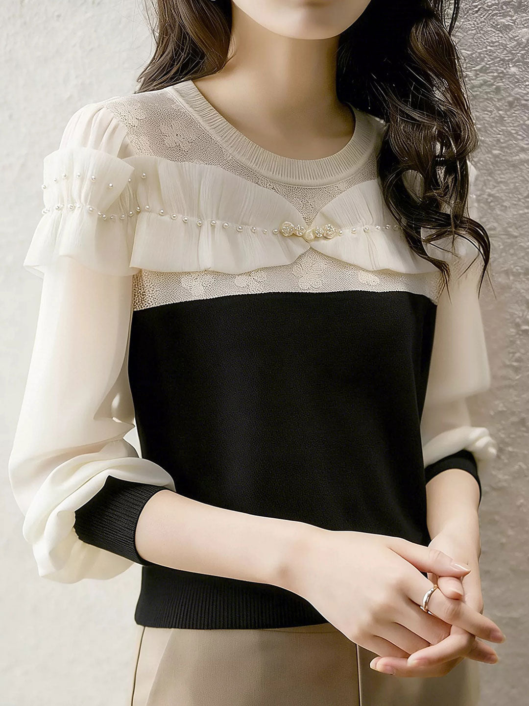 Vanessa Elegant Crew Neck Chiffon Lace Top