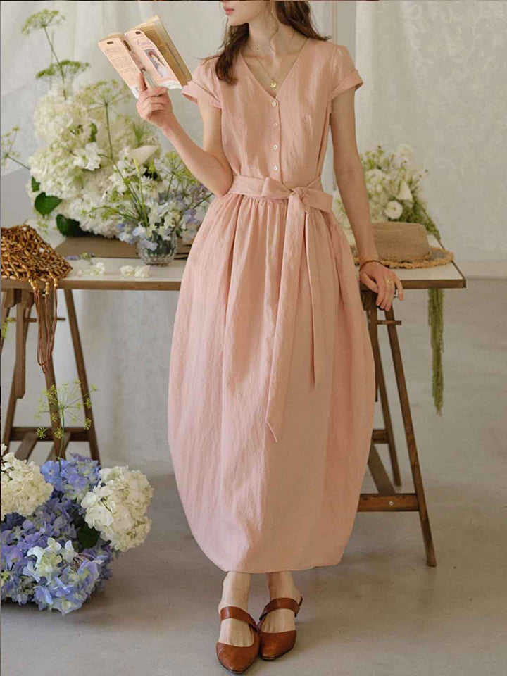 Taylor Elegant V-Neck Waisted Tie Dress