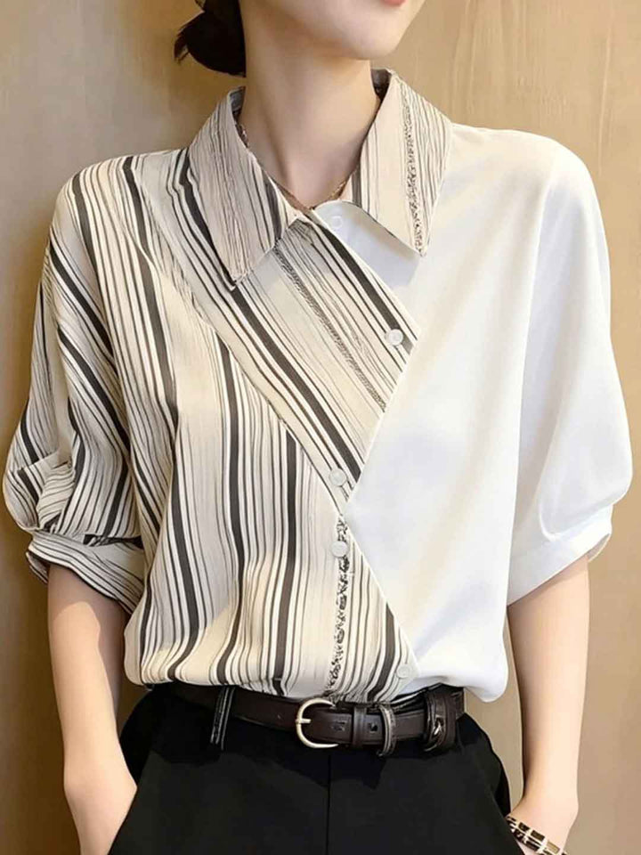Sophia Classic Lapel Color-Blocked Striped Shirt