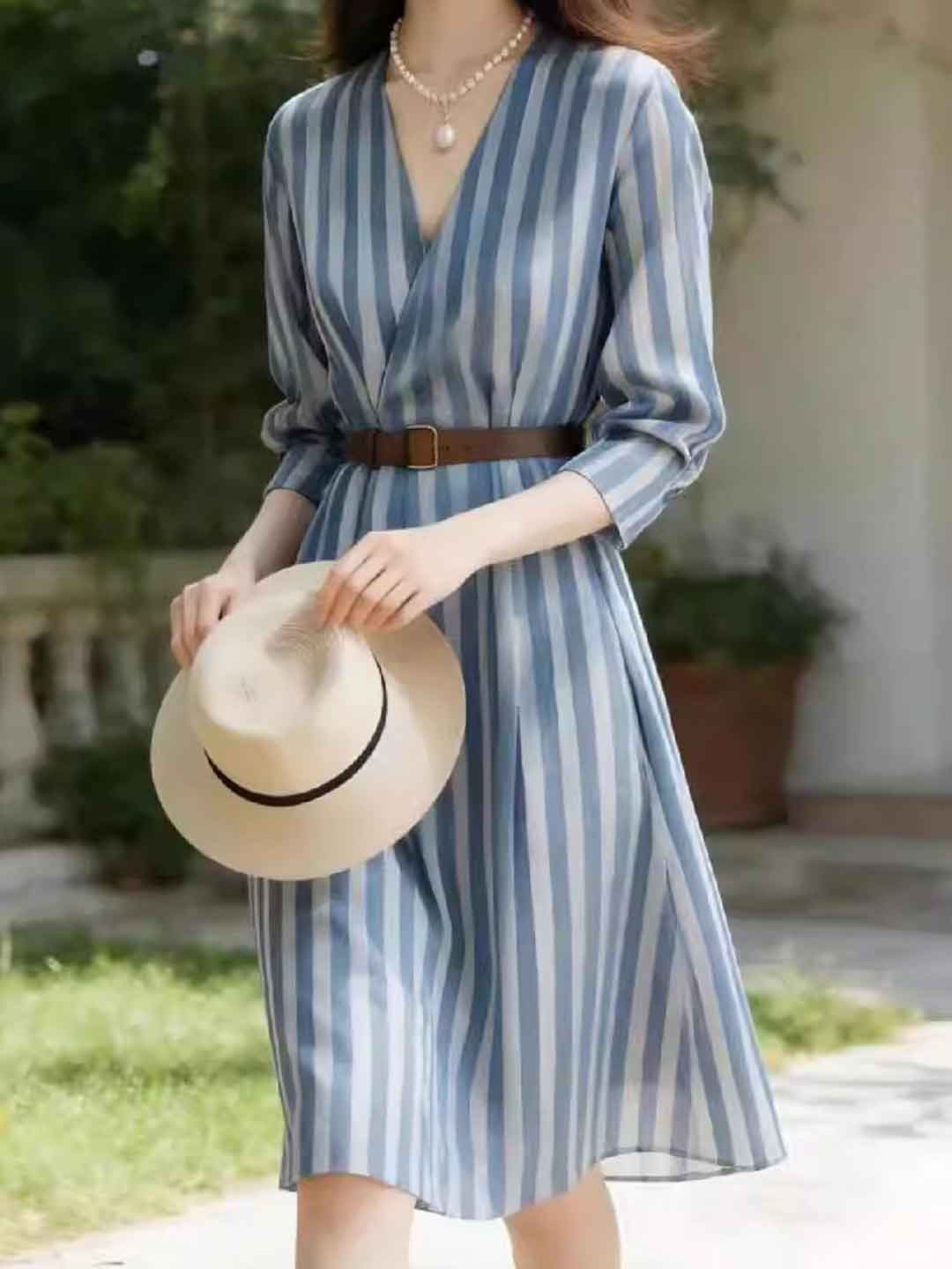 Mia Classic V-Neck Waisted Striped Dress