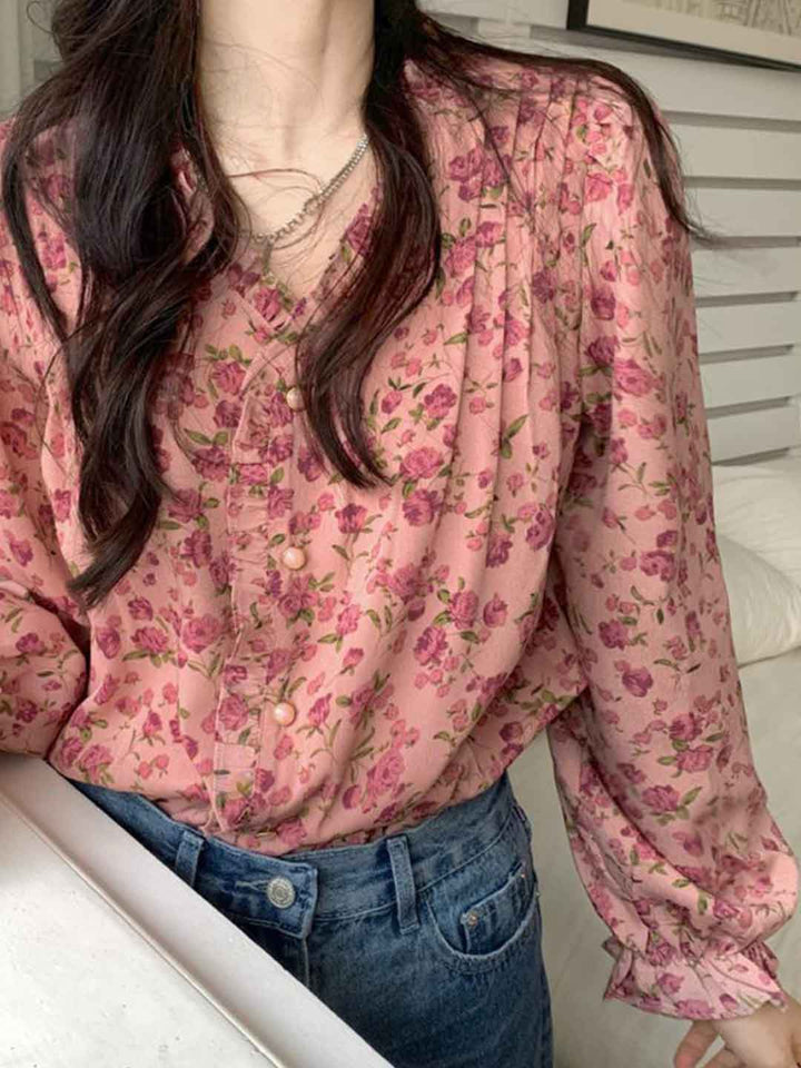 Nevaeh Retro V-Neck Ruffle Floral Blouse