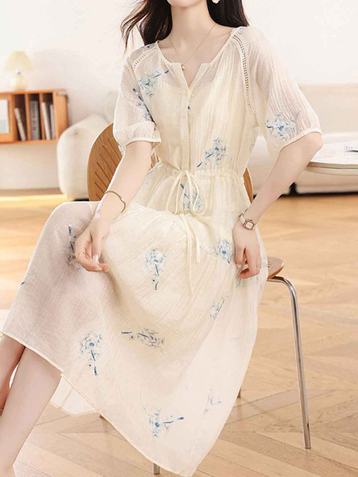 Sofia Waisted V-Neck Embroidered Dress