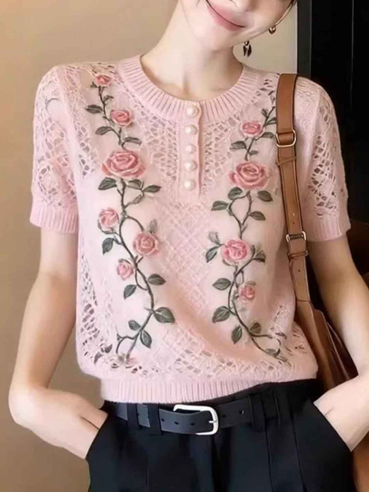 Aubrey Daily Crew Neck Rose Printed Knited Top