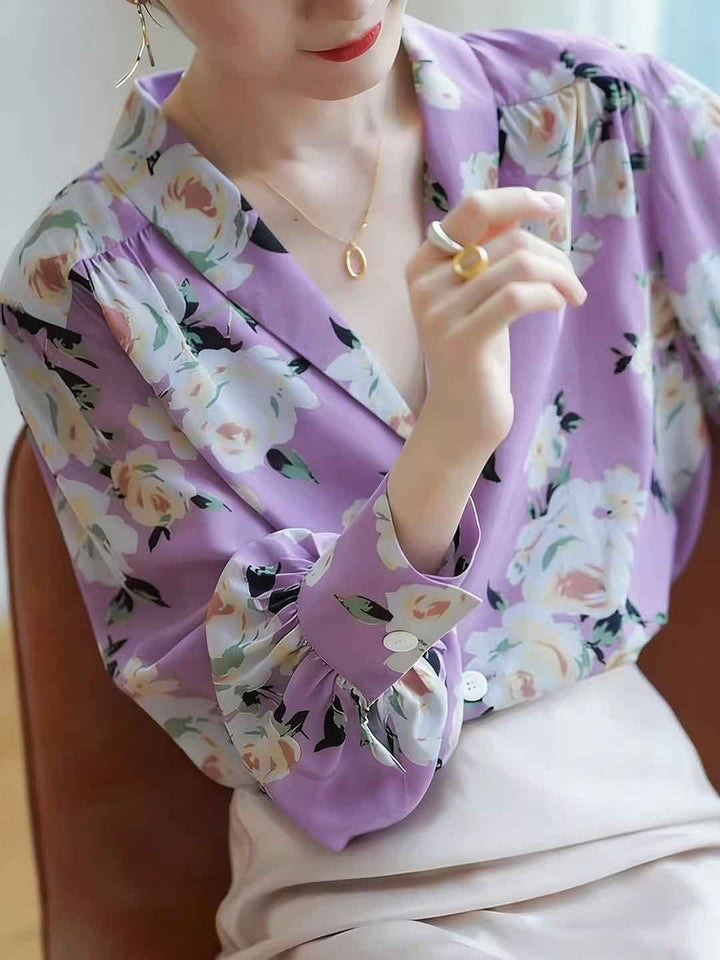 Isabella Spring V-Neck Printed Chiffon Shirt