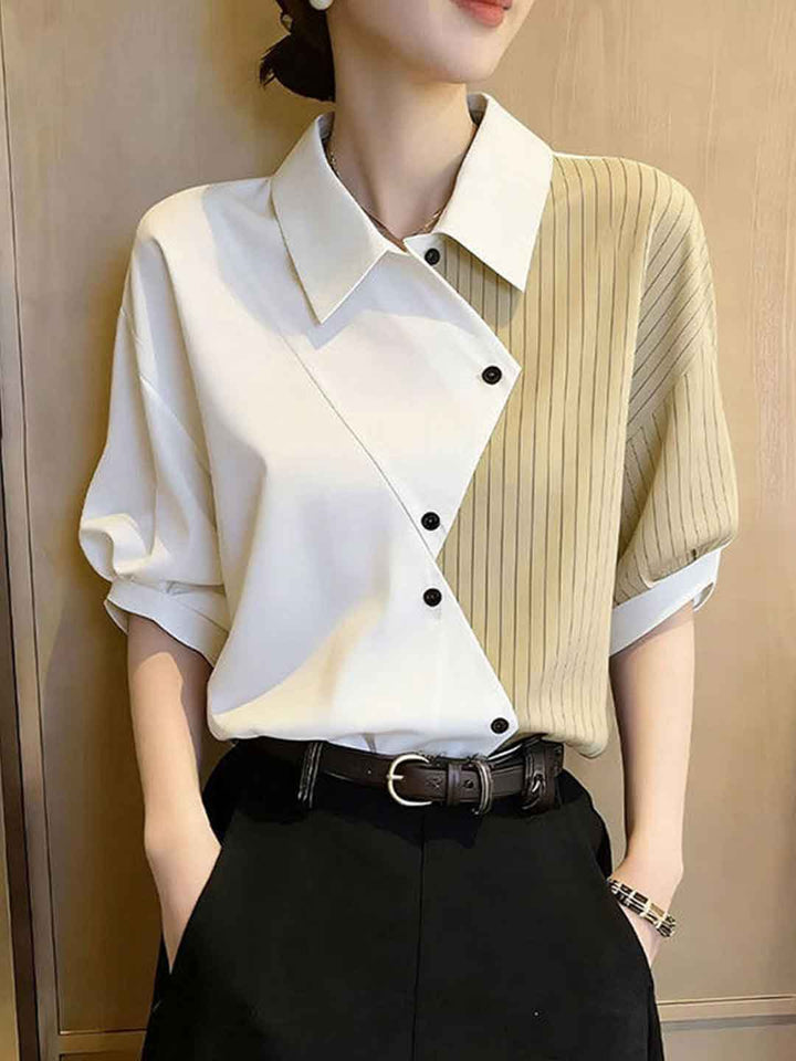 Sophia Classic Lapel Color-Blocked Striped Shirt