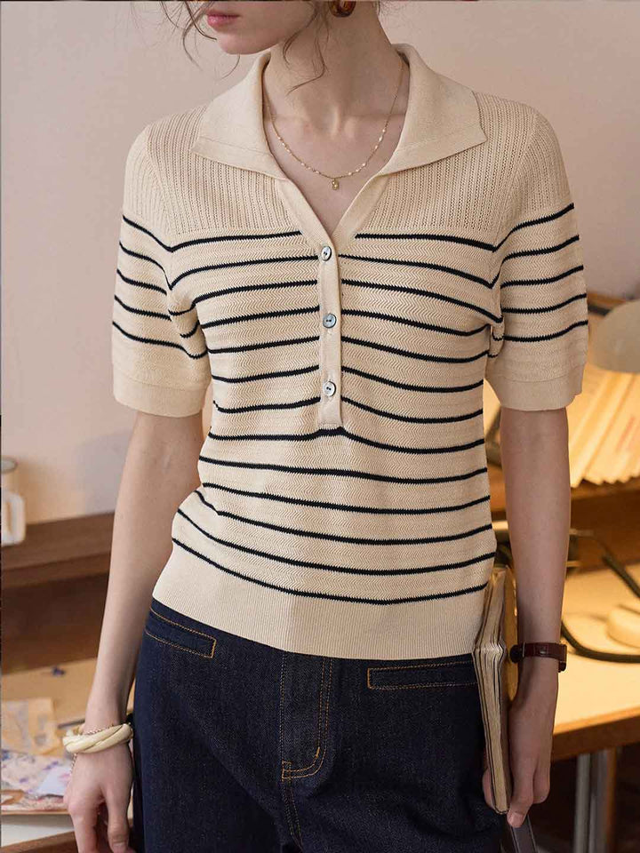 Anna Loose Polo Collar Striped Knitted Top