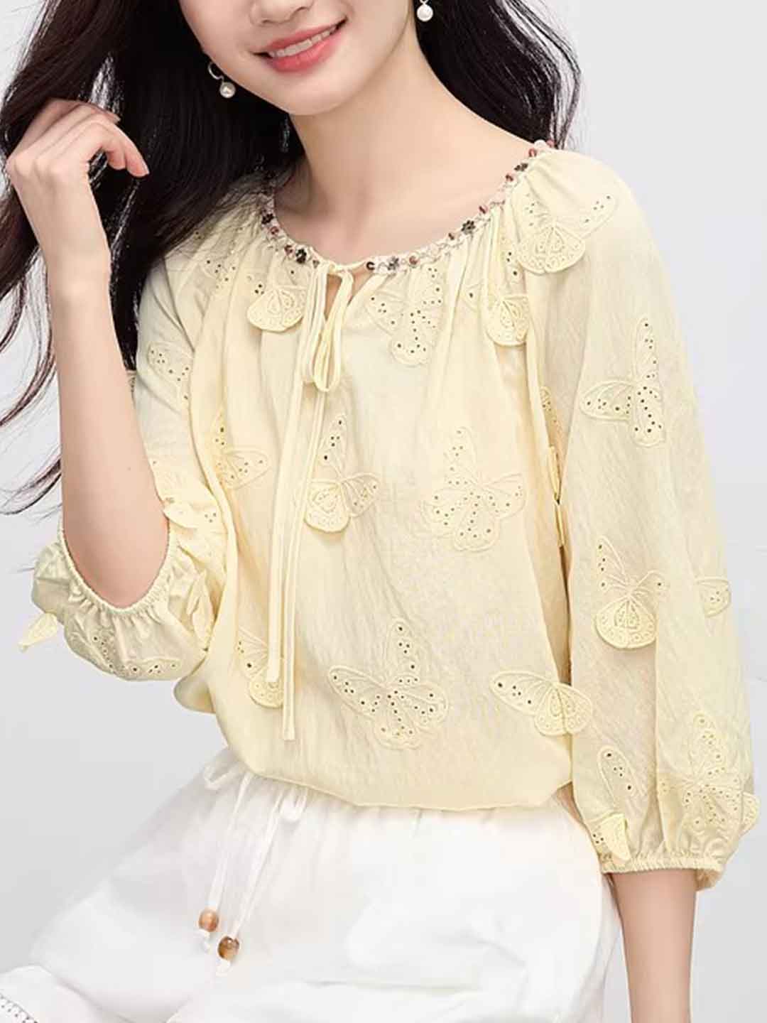 Olivia Retro Crew Neck Butterfly Embroidered Blouse