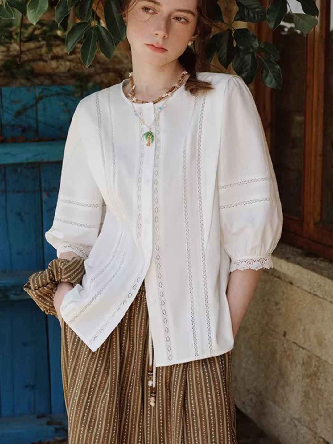 Riley Classic Crew Neck Lantern Sleeve Hollowed Lace Top