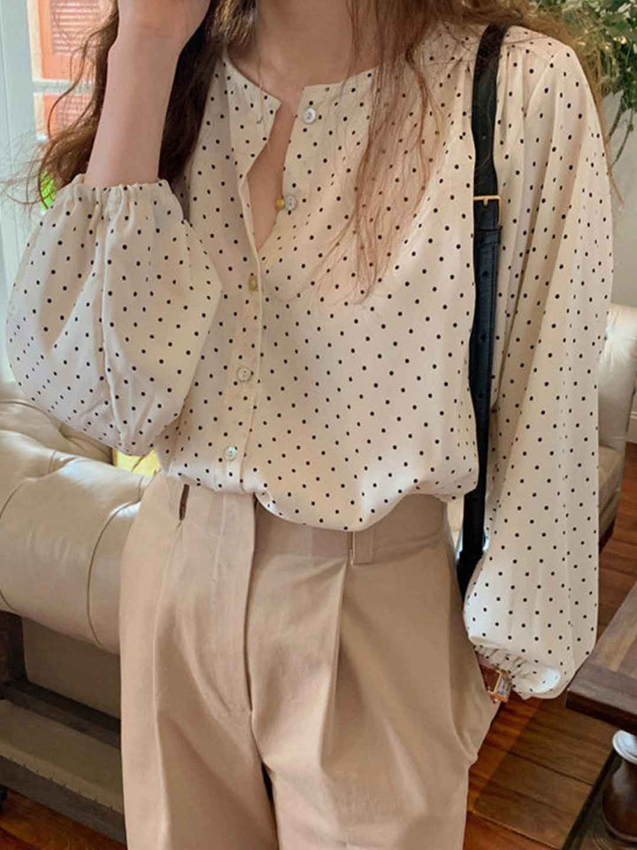 Peyton Loose V-Neck Lantern Sleeve Polka Dot Chiffon Top