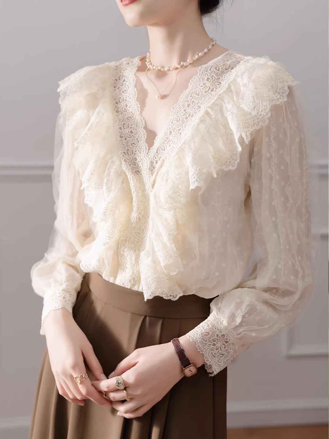 Mia Elegant V-Neck Ruffled Lace Blouse