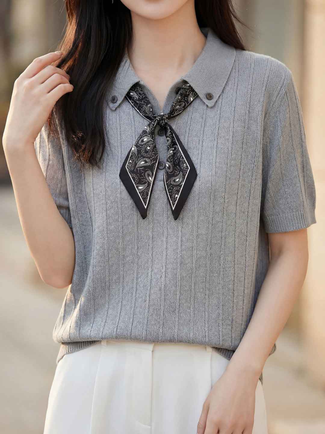 Mia Daily Lapel Solid Color Bow Knitted Top