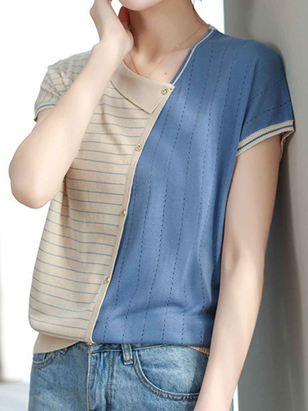 Ella Loose Asymmetrical Collar Color-Blocked Top