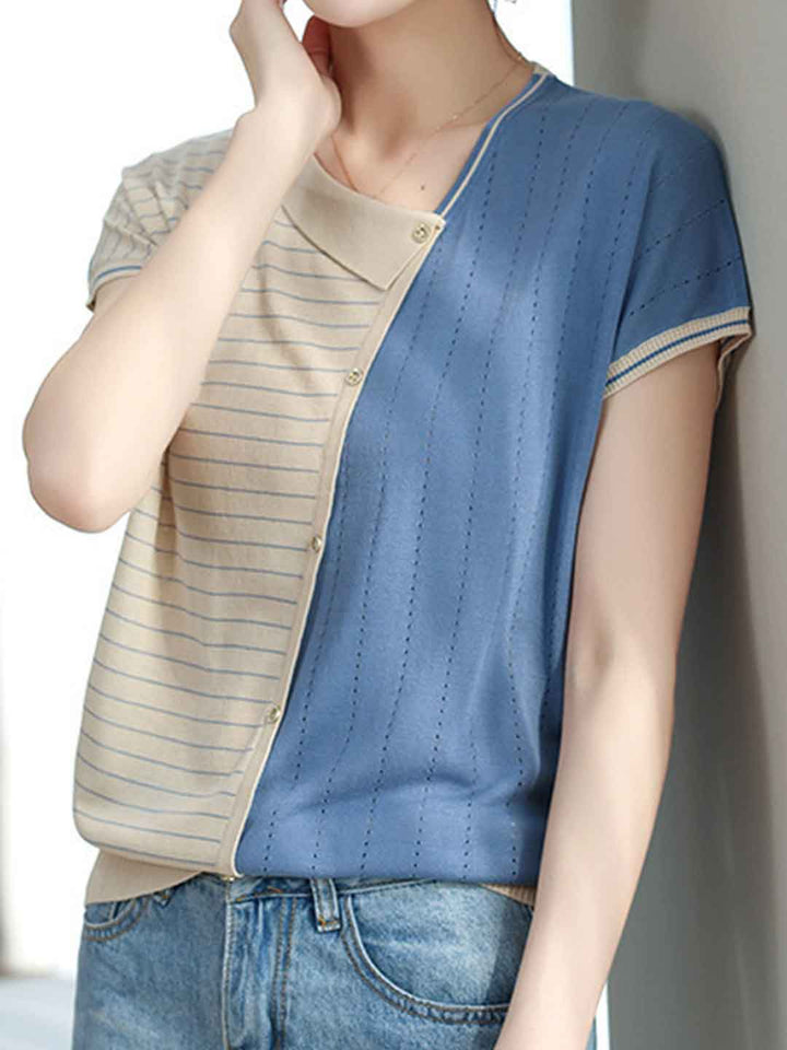 Ella Loose Asymmetrical Collar Color-Blocked Top