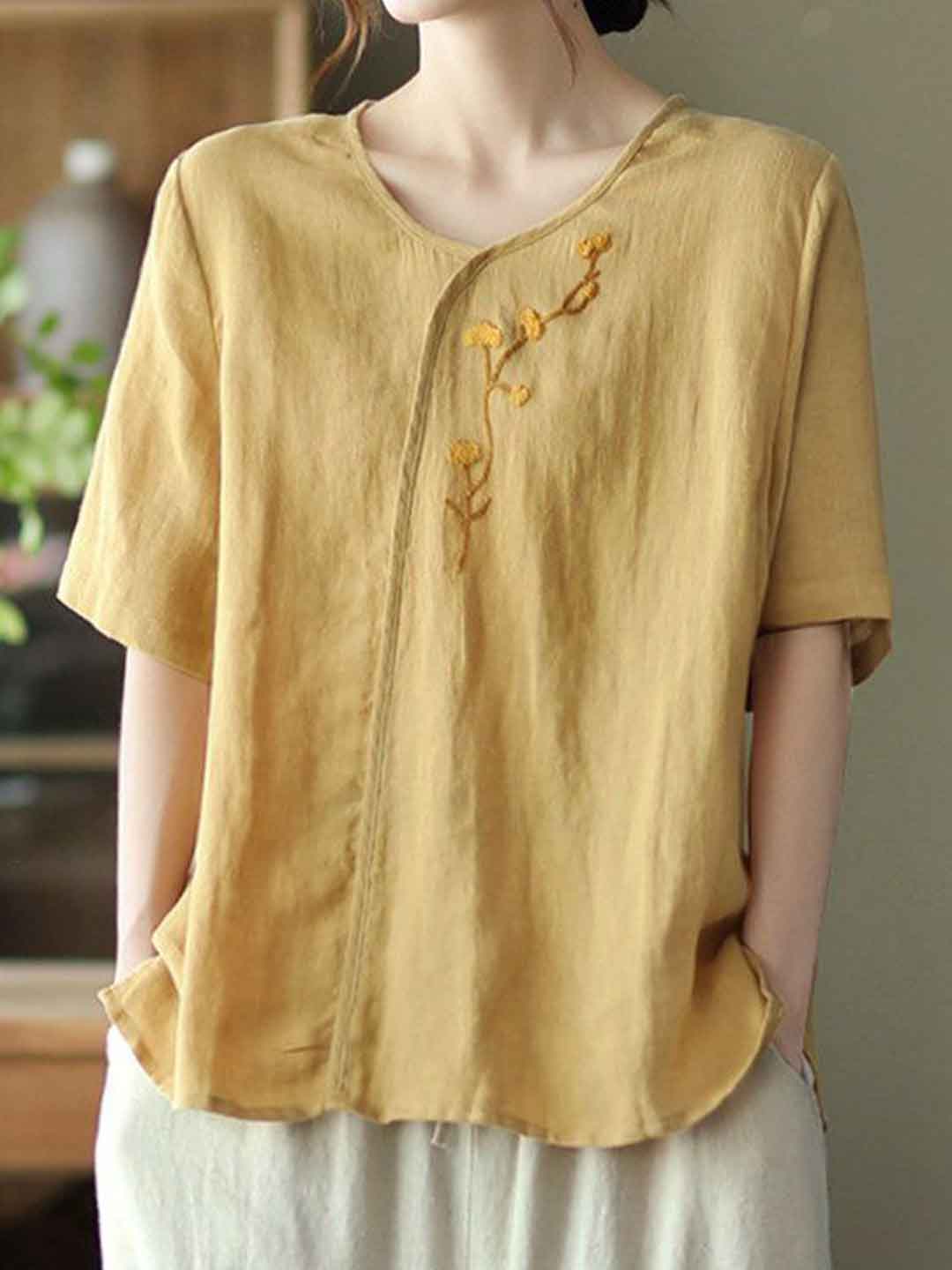 Olivia Loose V-Neck Embroidered Top