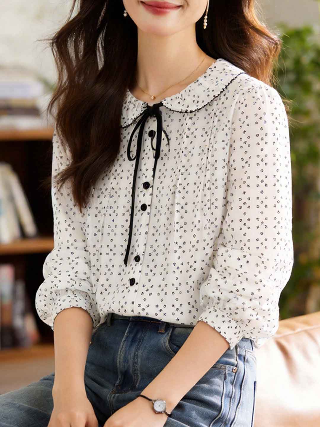 Emily Loose Doll Collar Polka Dot Printed Shirt